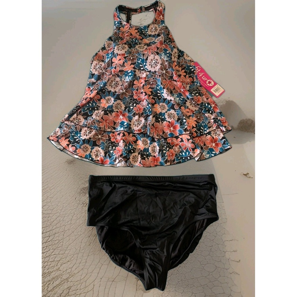 FIT 4 U r Hips Moonshadow Floral 2 Tier 2 PC Tankini Top & Bottom Women Size 24
